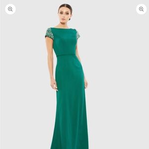Mac Duggal Teal Maxi Dress with Embellished Sleeves